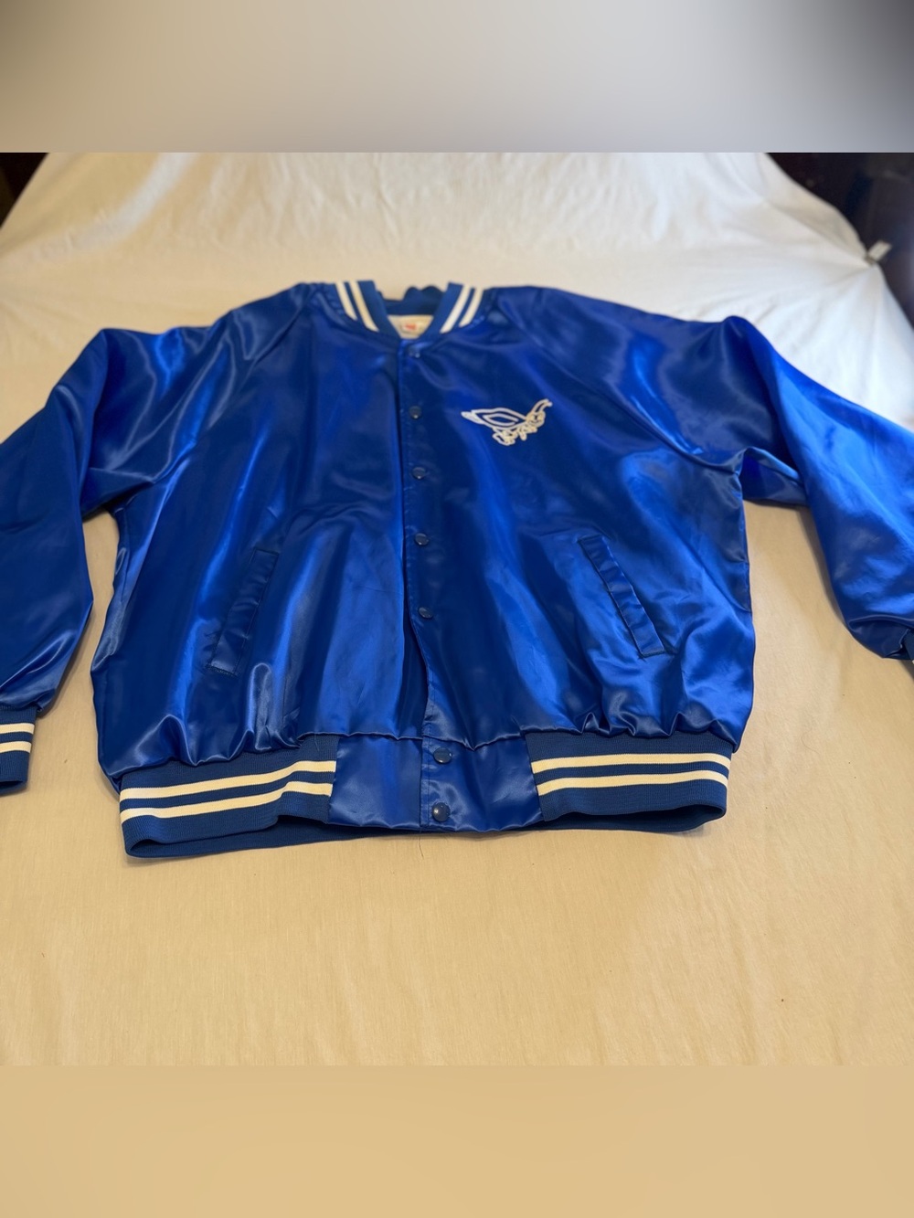 Set of His and Hers Blue Satin Bomber Jacket with White Logo Clogging
